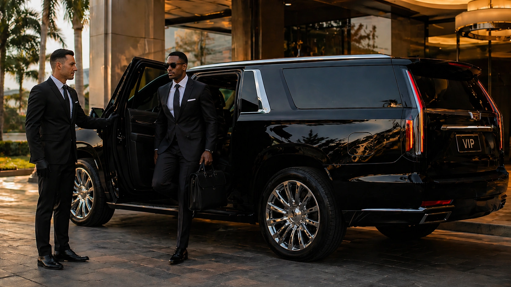 Dois motoristas privativos de terno ao lado de um SUV VIP preto no aeroporto de Miami para transfer executivo