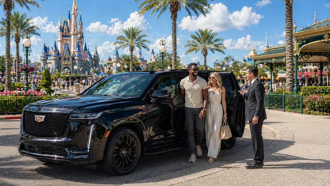 Casal com motorista e Cadillac Escalade preto em frente ao castelo do Disney Magic Kingdom, traslado Miami a Orlando