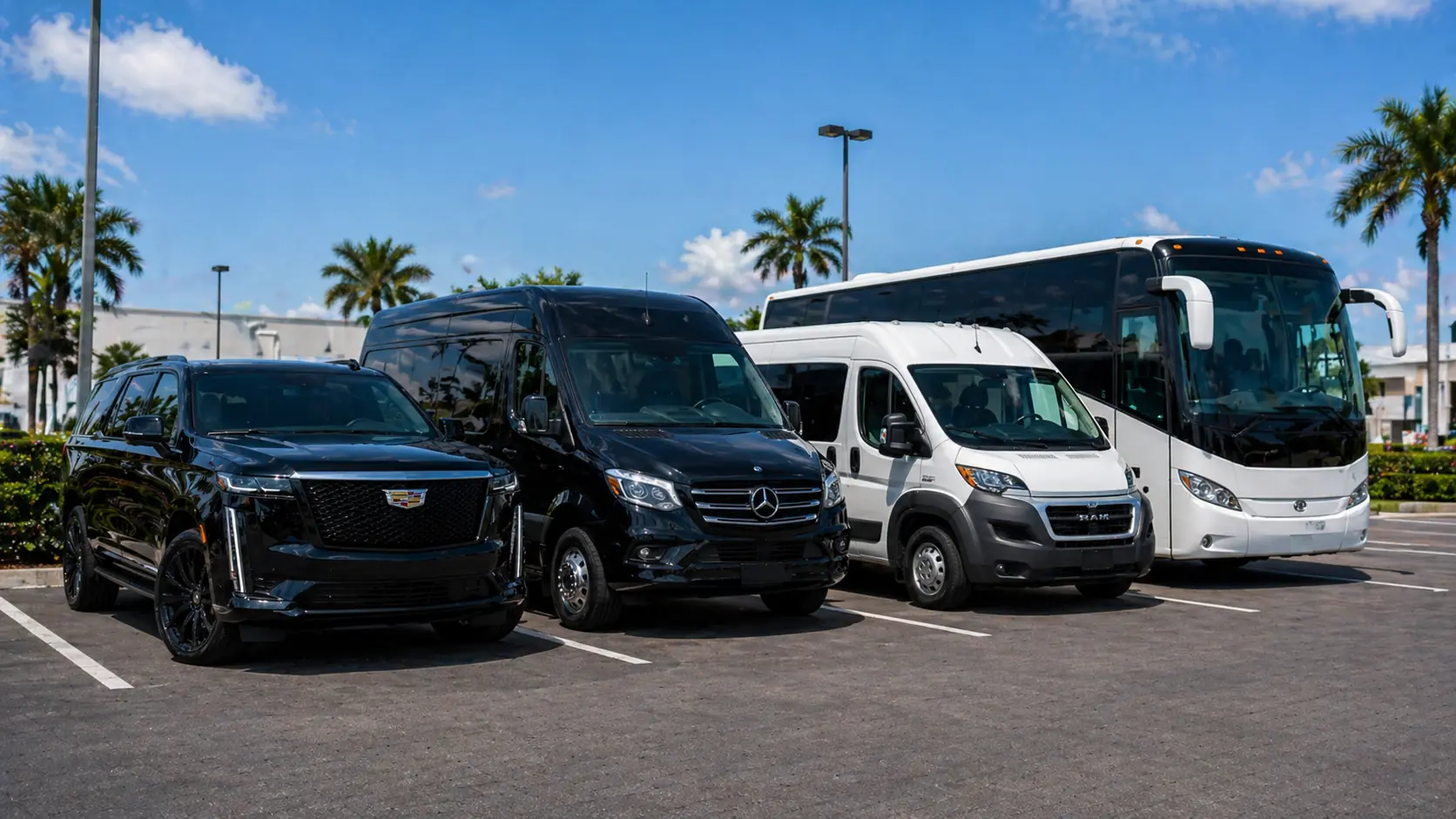 Frota de veículos para grupos em Miami: SUV preto, van Mercedes Sprinter e ônibus de turismo estacionados juntos